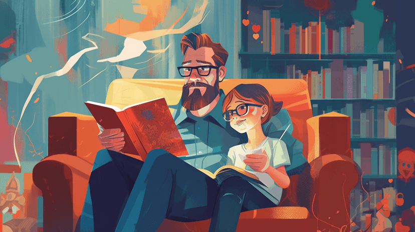 Illustration of a father and daughter sitting on a couch reading a book aloud