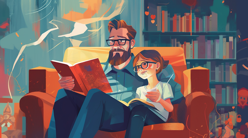 Illustration of a father and daughter sitting on a couch reading a book aloud