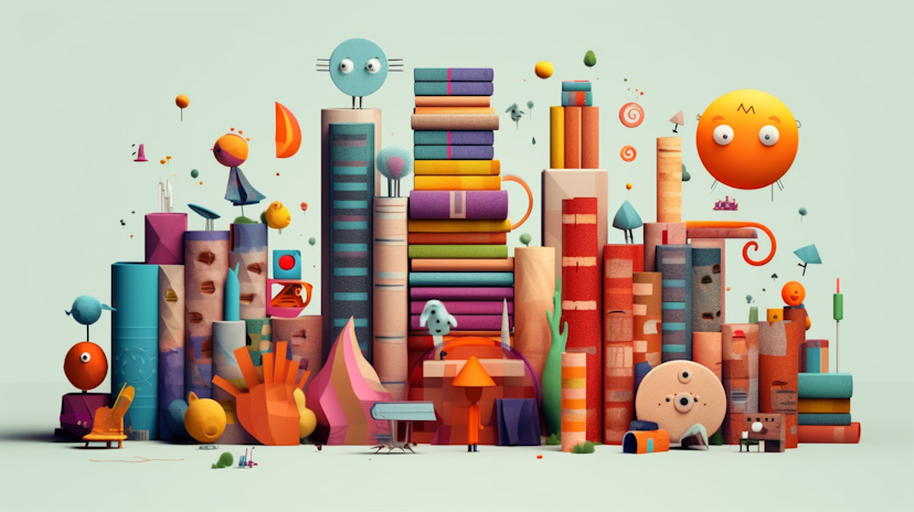 Illustration of small funny creatures with books